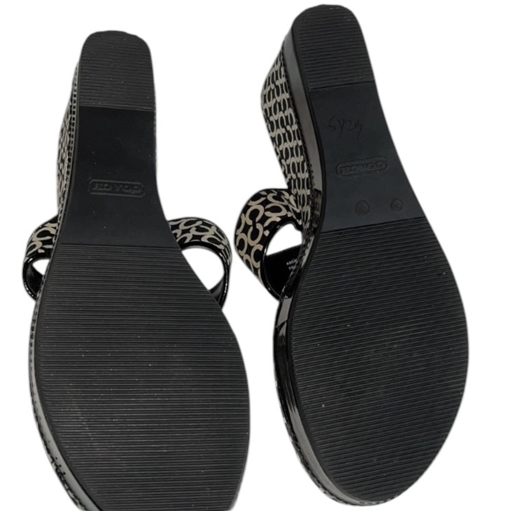 Coach size 10 black & creamy white thong wedge heel patent leather trim - Picture 4 of 13